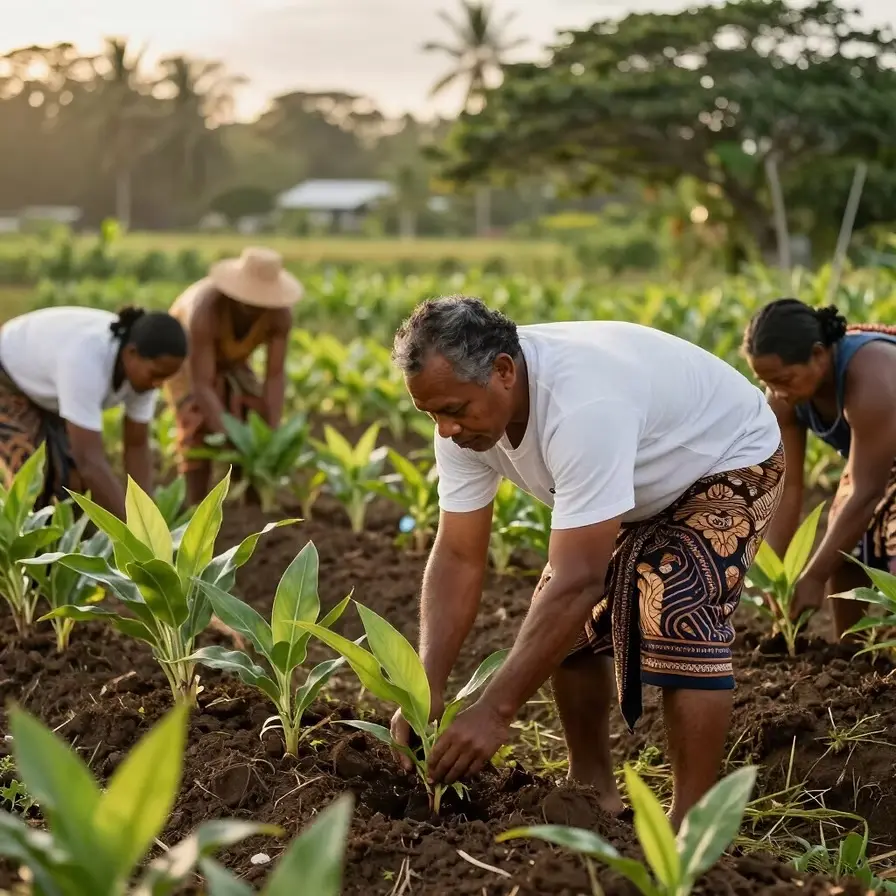 Pacific Island community members working together in a garden