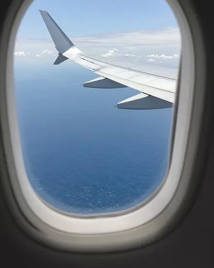 Airplane wing viewed from a passenger window