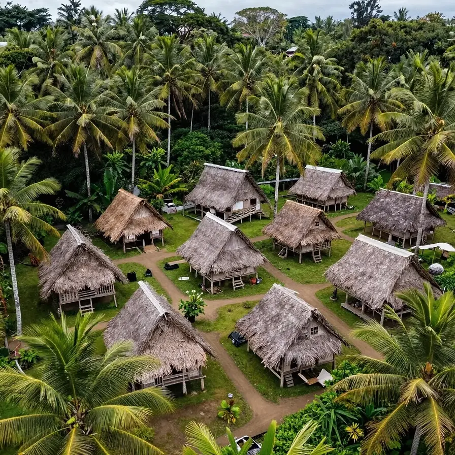 Pacific Island village surrounded by palm trees